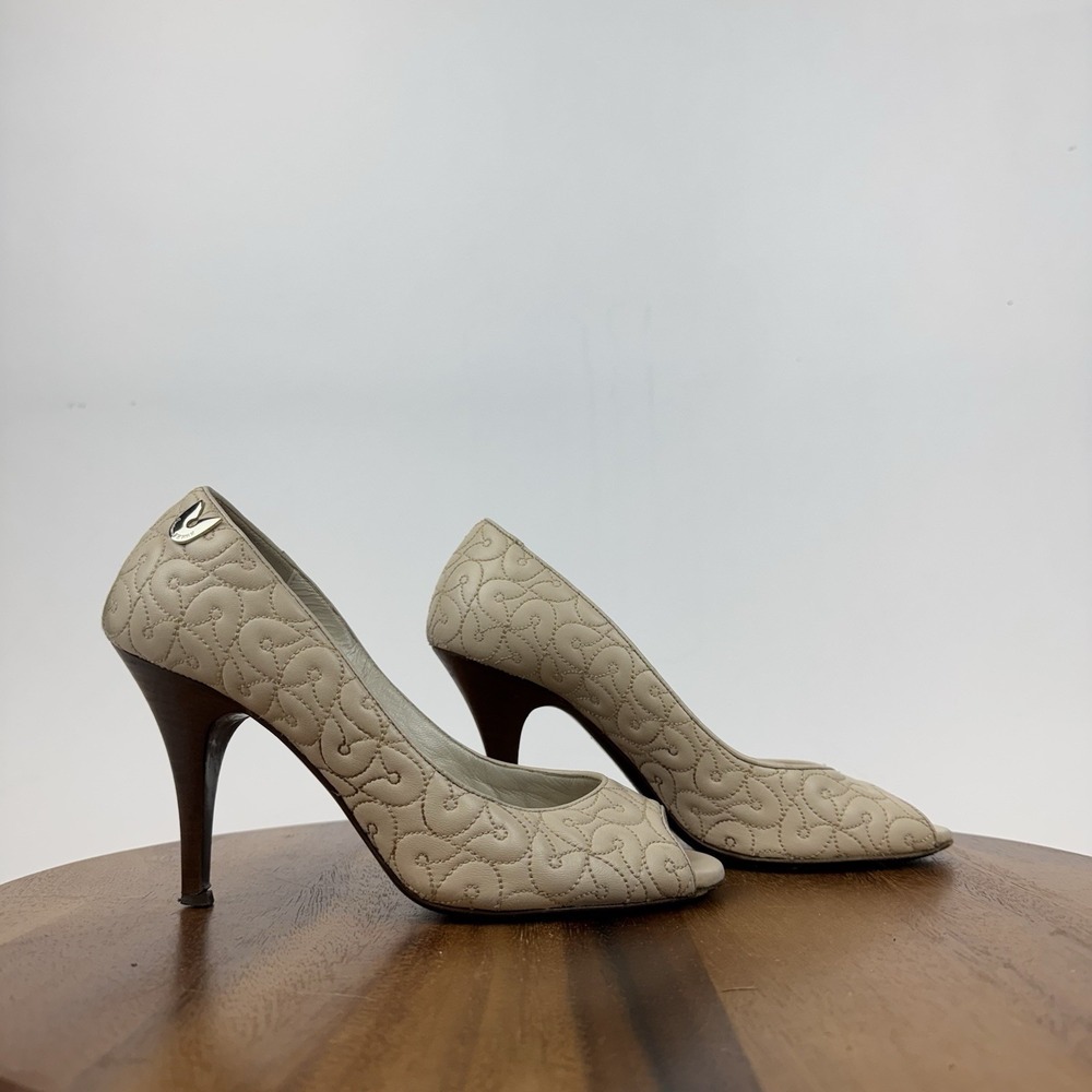 Womens Gianfranco Ferre Beige Leather Peep Toe Heels Pumps Size EU 39 / US 8
